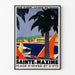 Póster vintage Sainte-Maxime, costa de los Maures, presentado en un marco fino sobre una pared clara.