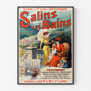 Póster vintage Salins‑les‑Bains (Jura) enmarcado en una pared clara con marco fino.