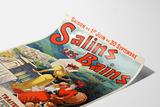 Póster vintage Salins-les-Bains (Jura), presentado en una hoja curvada, visto en perspectiva.