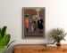 Cartel vintage Shamus O’Brien, Opera Comique, enmarcado sobre una cómoda de madera, entre plantas.