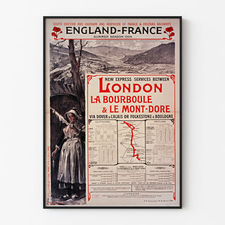 Póster vintage South Eastern, England-France, presentado en un marco fino sobre una pared clara.