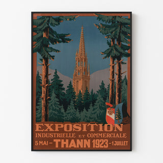 Póster vintage de Thann, exposición industrial, presentado en un marco delgado sobre una pared clara.