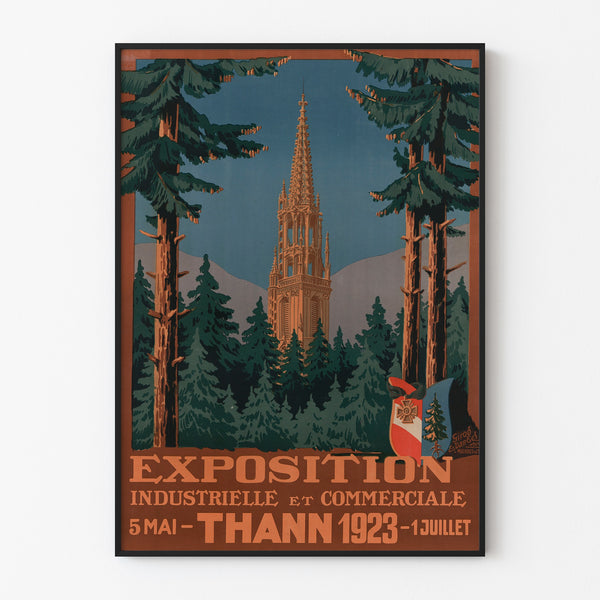 Póster vintage de Thann, exposición industrial, presentado en un marco delgado sobre una pared clara.