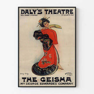 Cartel vintage The Geisha, Daly’s Theatre, presentado en un marco delgado sobre una pared clara.