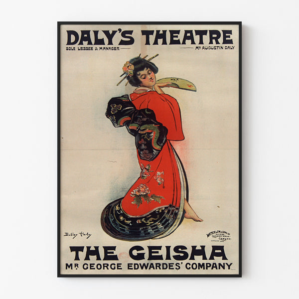 Cartel vintage The Geisha, Daly’s Theatre, presentado en un marco delgado sobre una pared clara.