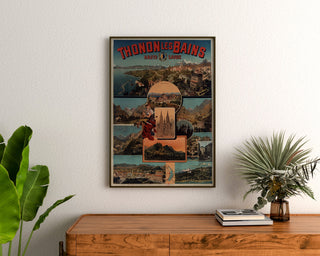 Cartel vintage Thonon-les-Bains, enmarcado sobre una cómoda de madera, entre plantas.