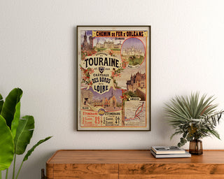 Vintage Touraine poster, Loire castles, framed above a wooden dresser between plants.