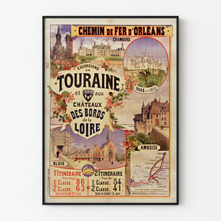Vintage Touraine poster, Loire castles, shown in a slim frame on a pale wall.