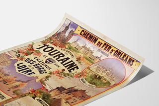 Vintage Touraine poster, Loire castles, shown on a curled sheet, perspective view.
