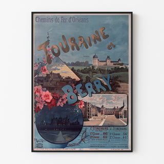 Póster vintage Touraine y Berry, castillos, presentado en un marco delgado sobre una pared clara.