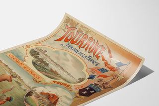 Vintage Touraine poster, Garden of France, shown on a curled sheet, perspective view.