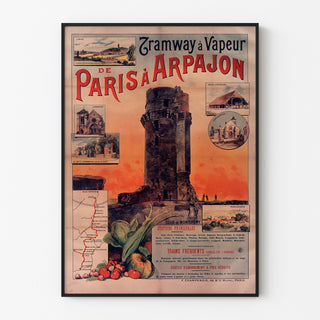 Póster vintage Tramway Paris-Arpajon, enmarcado con marco delgado sobre una pared clara.
