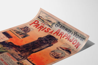 Póster vintage Tramway Paris-Arpajon, presentado en una lámina curvada, vista en perspectiva.