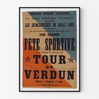 Póster vintage Verdun, fiesta deportiva, presentado en un marco fino sobre una pared clara.
