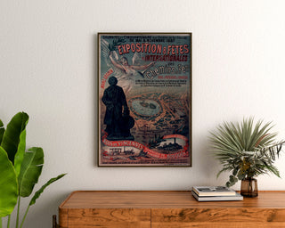 Vintage poster Vincennes, railway fiftieth anniversary, framed above a wooden dresser, between plants.