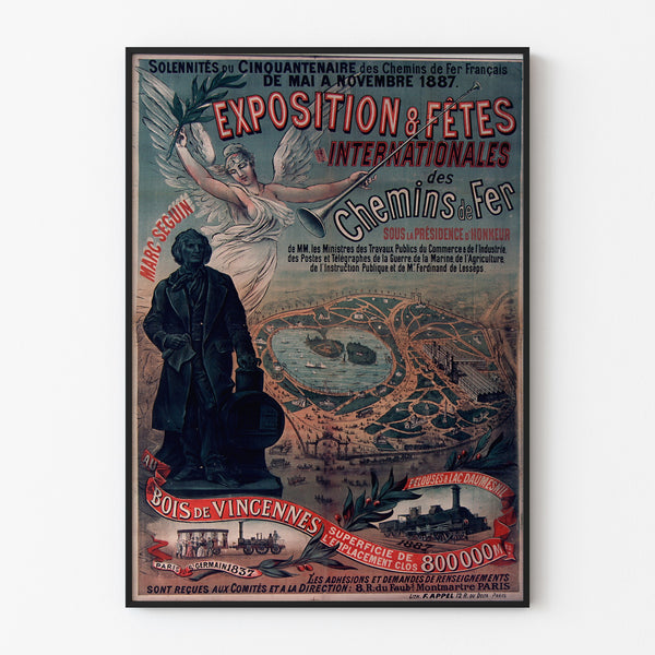 Póster vintage Vincennes, cincuentenario ferroviario, enmarcado con marco delgado sobre una pared clara.