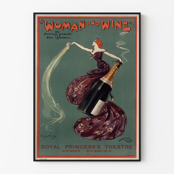 Cartel vintage Woman and Wine, Princess’s Theatre, presentado en un marco delgado sobre una pared clara.