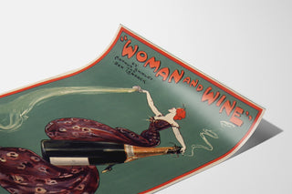 Cartel vintage Woman and Wine, Princess’s Theatre, presentado sobre una hoja curvada, visto en perspectiva.