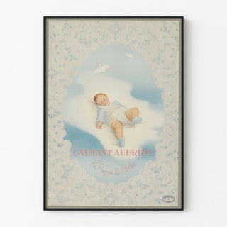 Vintage poster of a sleeping baby framed with lace