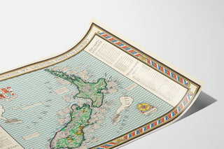 Antique map of New Zealand – MacDonald Gill, 1931, shown on a curved sheet, viewed in perspective.