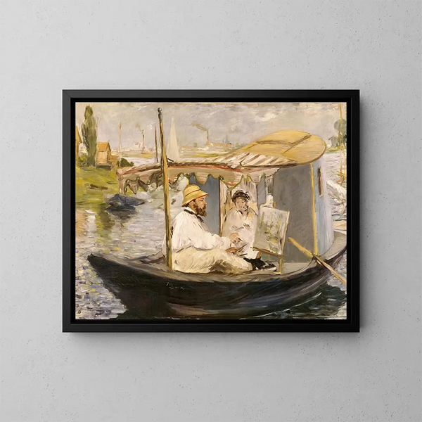 Claude Monet pintando en su barco-estudio - Édouard Manet — cuadro enmarcado en la pared