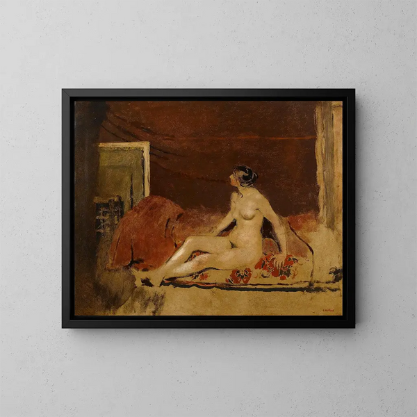 Nu sobre una cubierta con motivo floral rojo - Édouard Vuillard — cuadro enmarcado en la pared