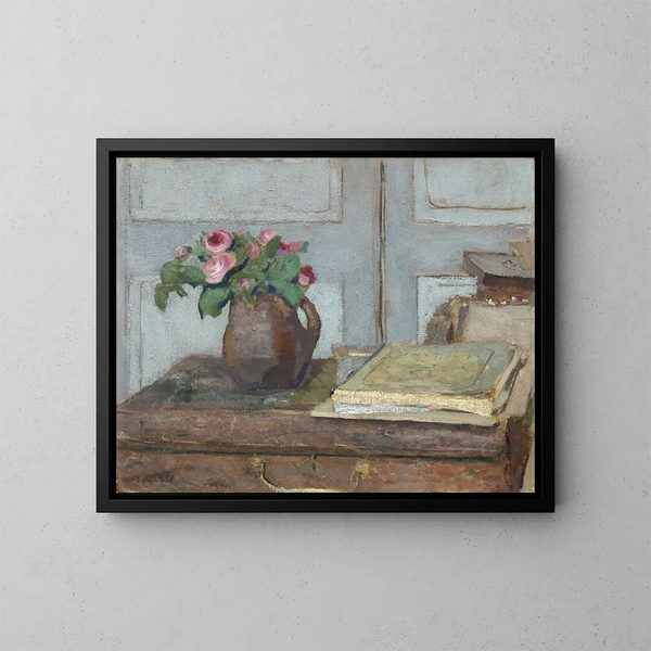 La caja de pintura de los artistas y las rosas de espuma - Édouard Vuillard — cuadro enmarcado en la pared