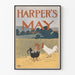 Póster vintage Harper's May con gallos sobre fondo campestre