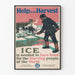 Vintage poster illustrating harvest assistance and preservation with ice