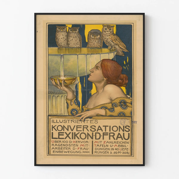 Póster artístico vintage con mujer y búhos para decoración de pared