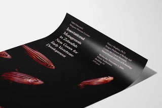 Scientific decorative poster with zebrafish and text on mutagenesis