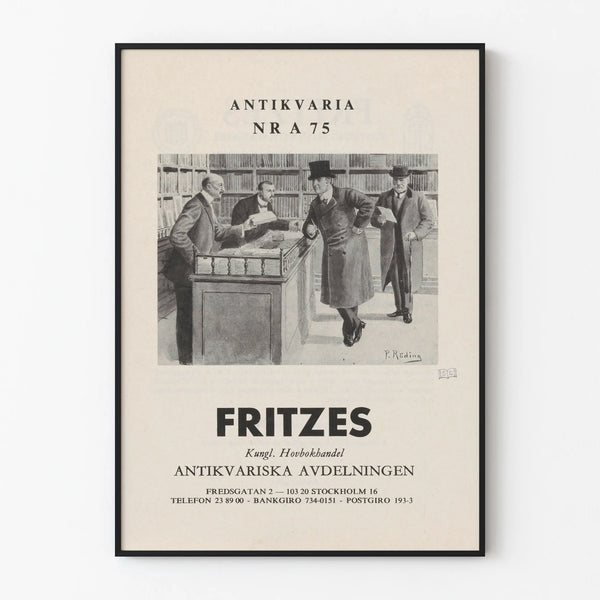 Póster vintage de librería antigua - escena de libros y clientes