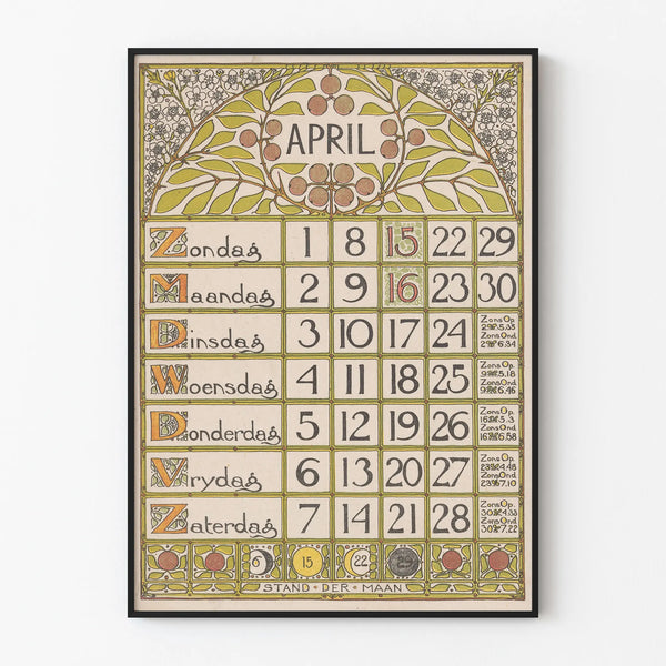 Póster Calendario Artístico para abril de 1900 - Decoración mural vintage