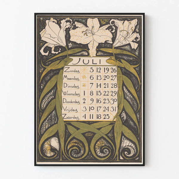 Póster calendario mural de julio de 1896 estilo Art Nouveau