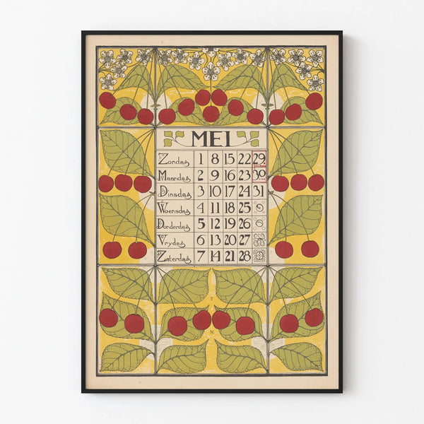 Póster Calendario Decorativo Mayo 1898 con Cerezas y Hojas