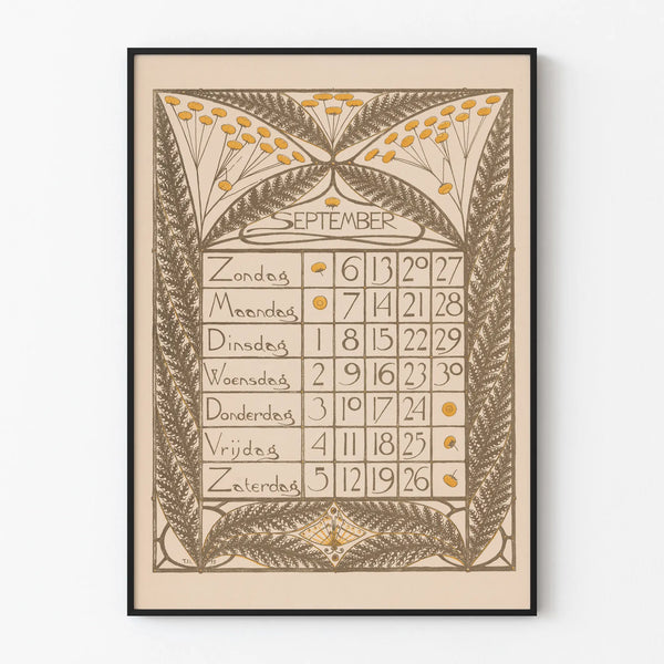 Vintage September 1896 Calendar Poster Wall Decoration