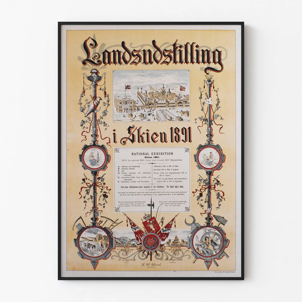 Póster vintage de la Exposición Landzudstilling en Skien 1891 para decoración de paredes