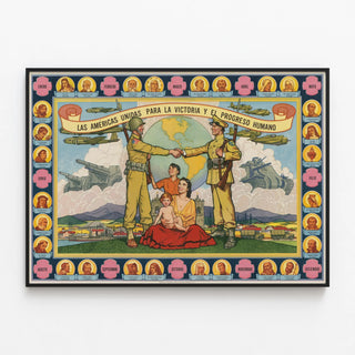 Póster vintage Las Américas Unidas por la victoria y el progreso humano — cuadro enmarcado en la pared