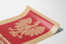 Póster patriótico polaco con águila coronada y texto histórico