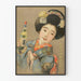 Póster decorativo de mujer en kimono azul con botella de sake
