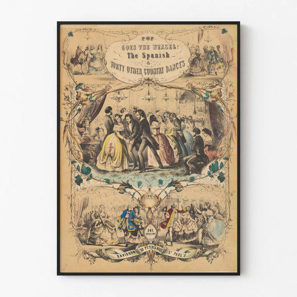 Vintage poster of traditional dance Pop Goes The Weasel and other rural dances