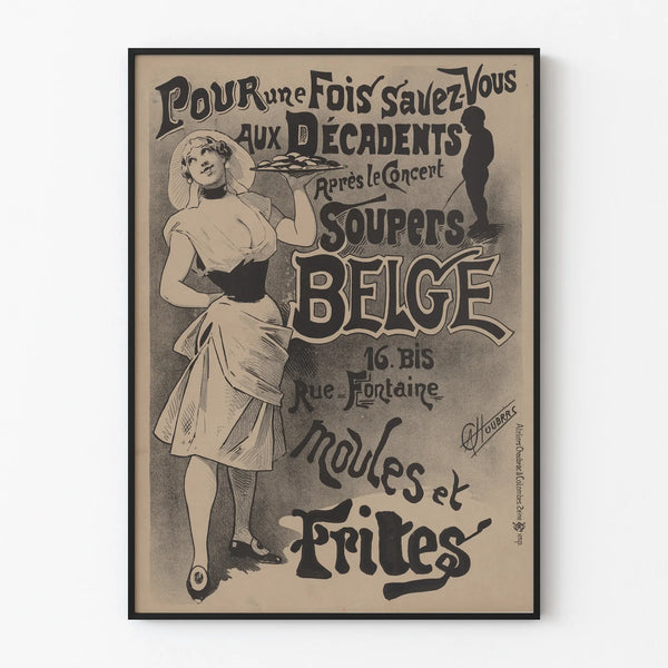 Póster vintage de la Cena Belga de Mejillones con Patatas Fritas, decoración mural retro