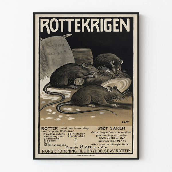 Póster vintage noruego de la guerra de ratas - Decoración mural original con ratas