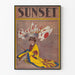Póster Vintage Atardecer - Joven con kimono y banderas japonesas