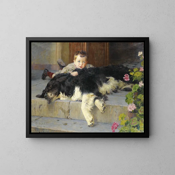 El niño pequeño con perro - Étienne Dinet — cuadro enmarcado en la pared
