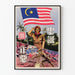 Póster de propaganda malayo con figura saludando y escena de conflicto
